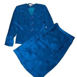 Adrianna Papell Skirt Suit Women 6 Blue Excellent 100% Silk Swirl Button Vintage